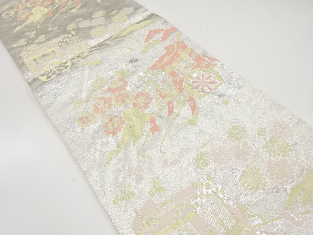 JAPANESE KIMONO / ANTIQUE FUKURO OBI / SILK / WOVEN CARRIAGE & KIKU